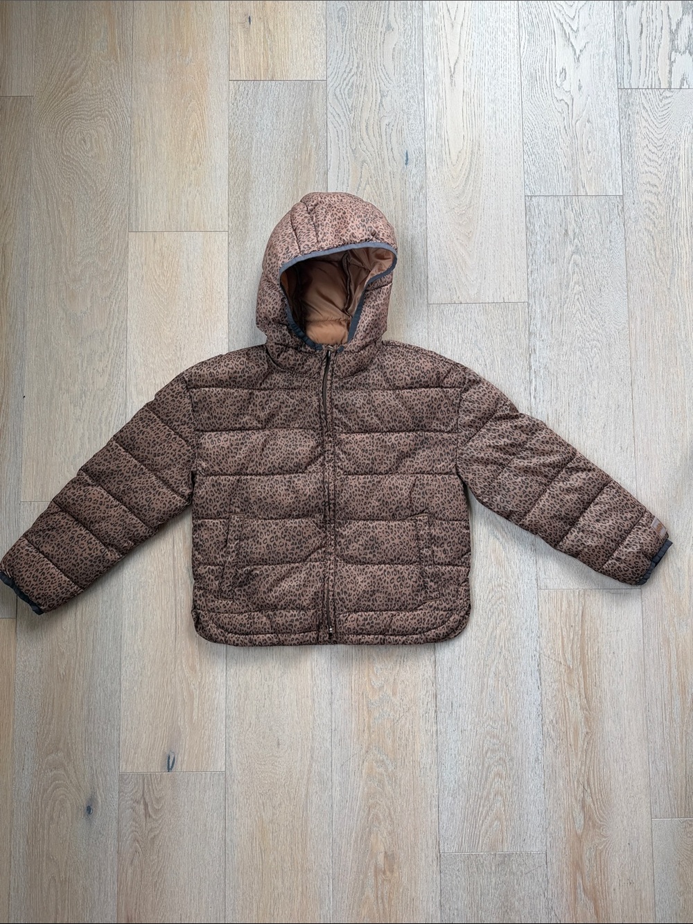 GAP Girls' Brown Leopard-Print Hooded Puffer Jacket